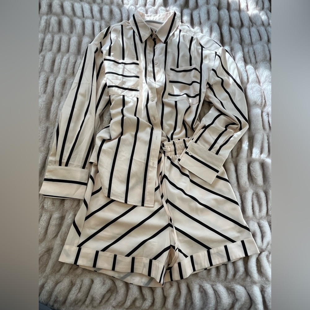 SHEIN Black and White Striped Button Down Set with Shorts